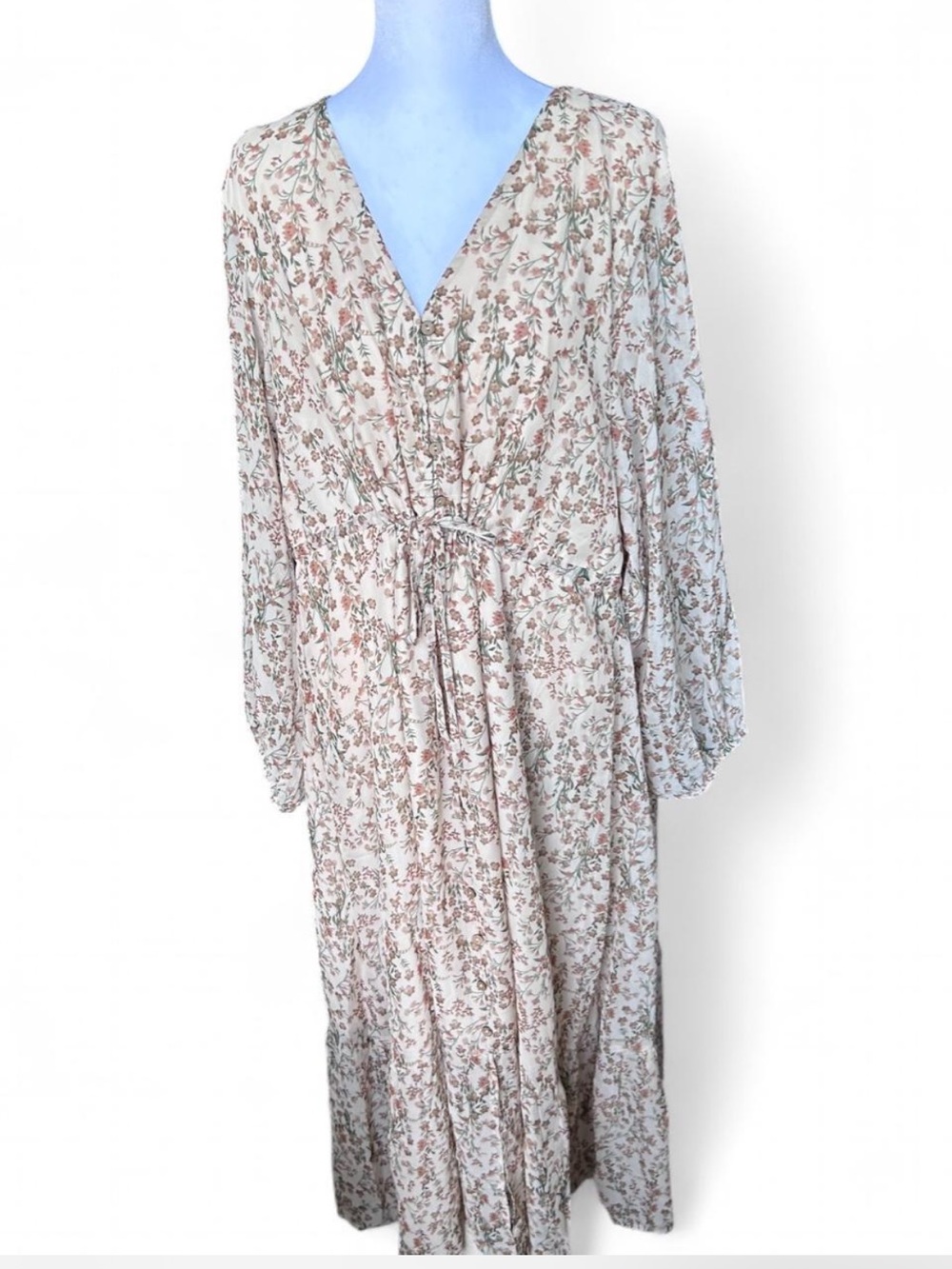 Floral V-Neck Tie-Waist Maxi Dress - Cream with Blush & Sage Floral